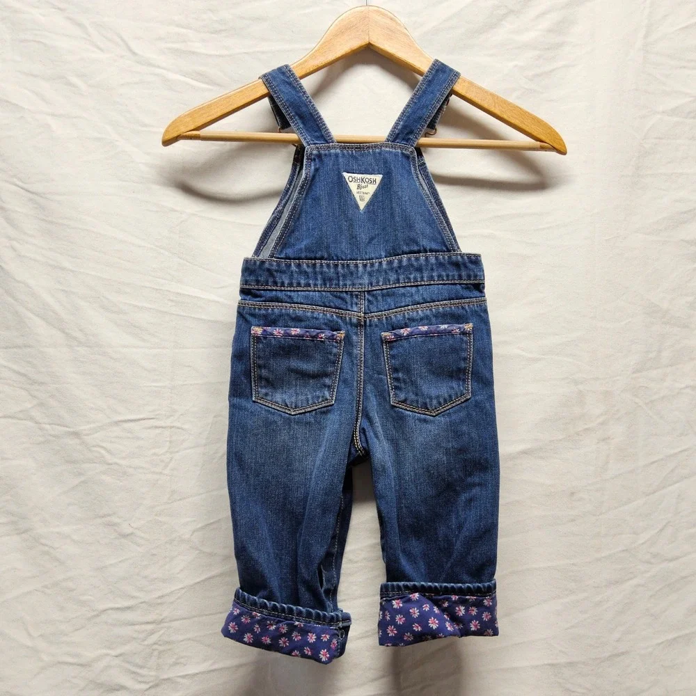 OshKosh B'gosh Denim Overalls Toddler Girls 18M Blue Floral Trim Vestbak